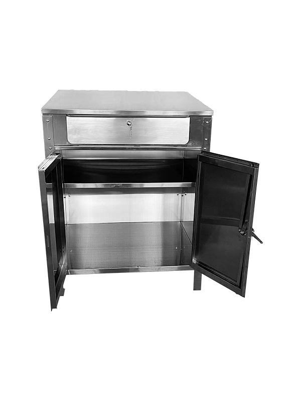 Stainless steel receiving desk with drawers and lockers applicate in shops